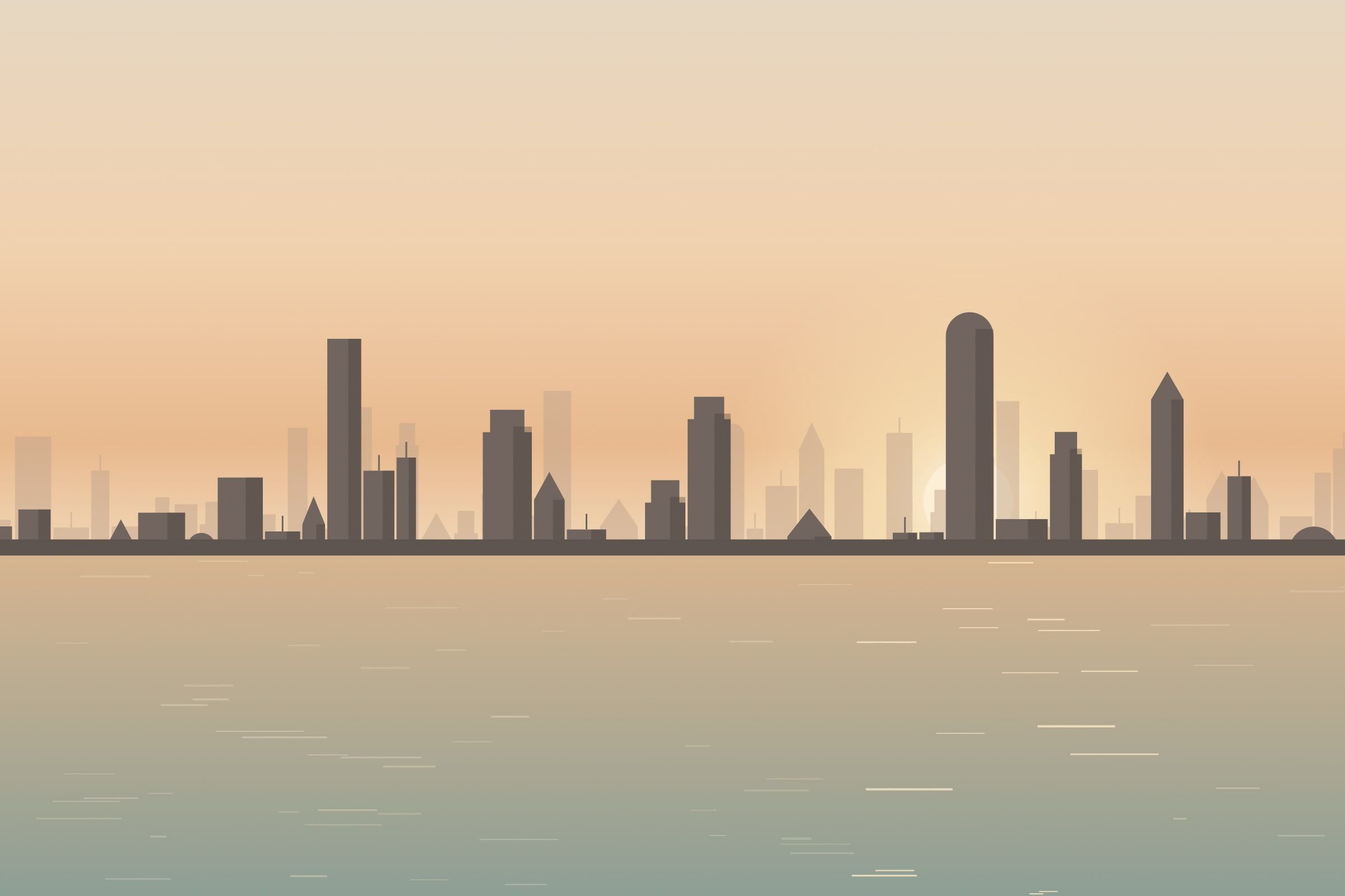 Illustration: the Sharjah skyline across Khalid Lagoon at sunset