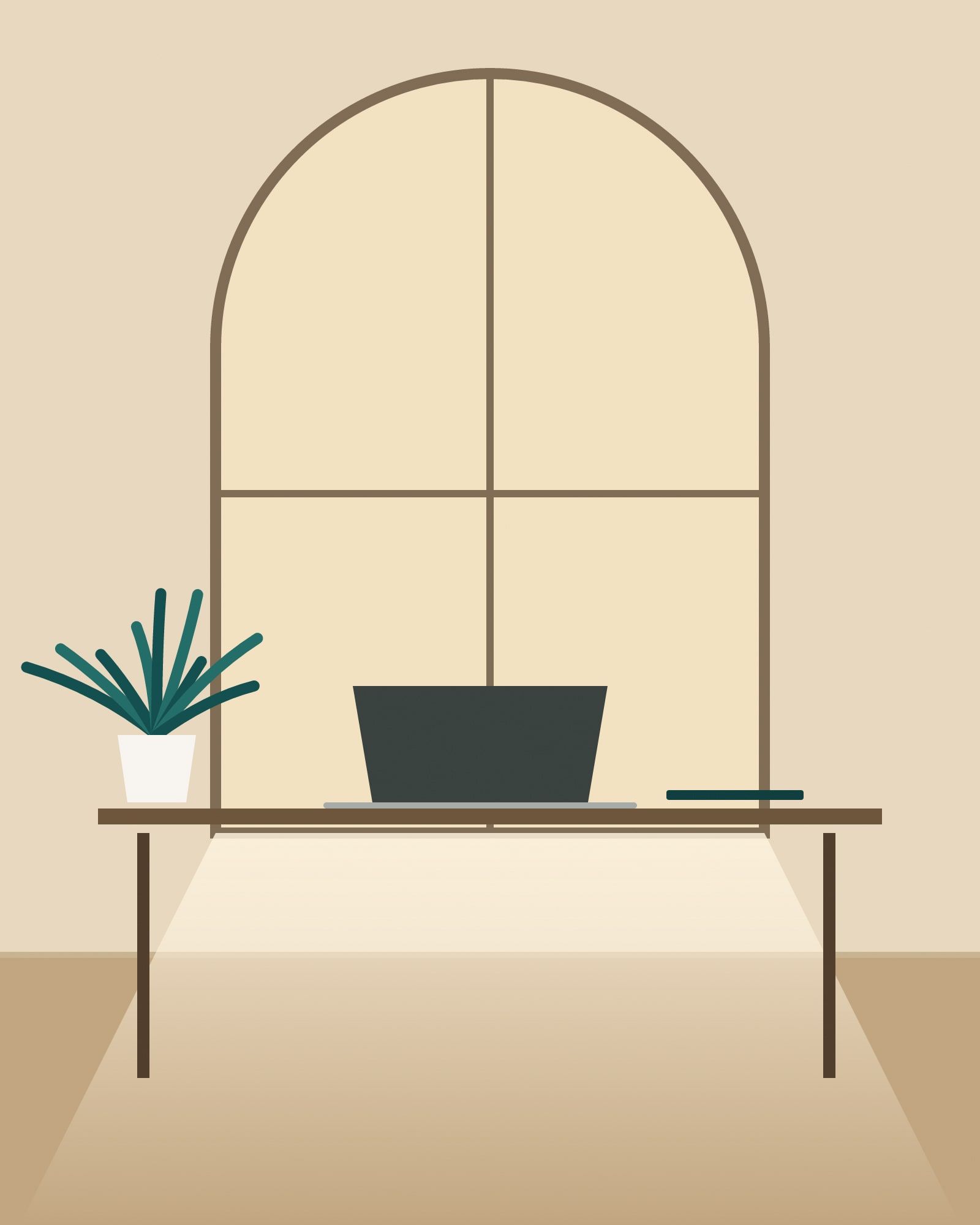 Illustration: a quiet workspace by a window with a notebook and laptop in morning light