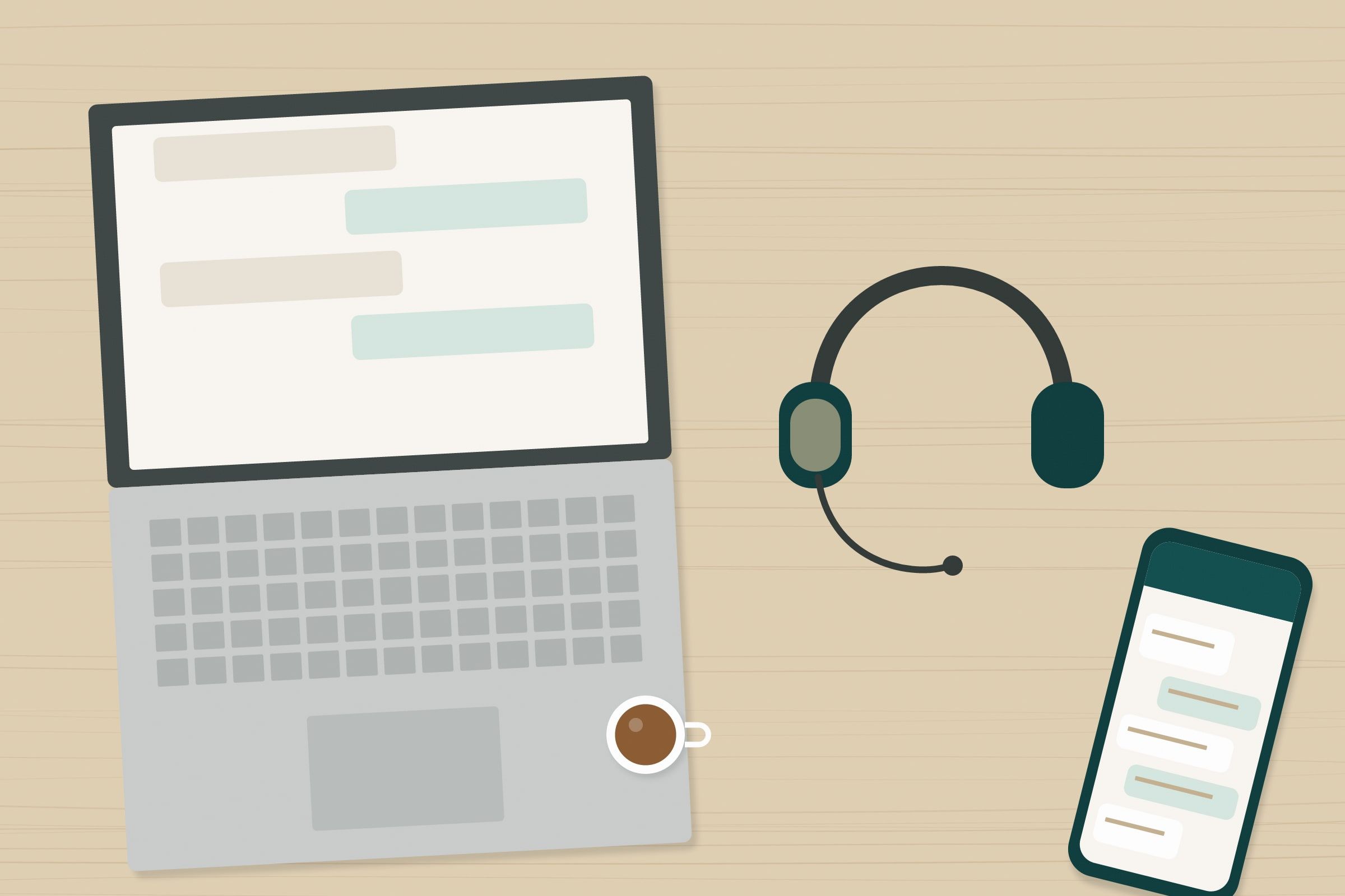 Illustration: a headset and a smartphone showing a chat conversation on a tidy desk