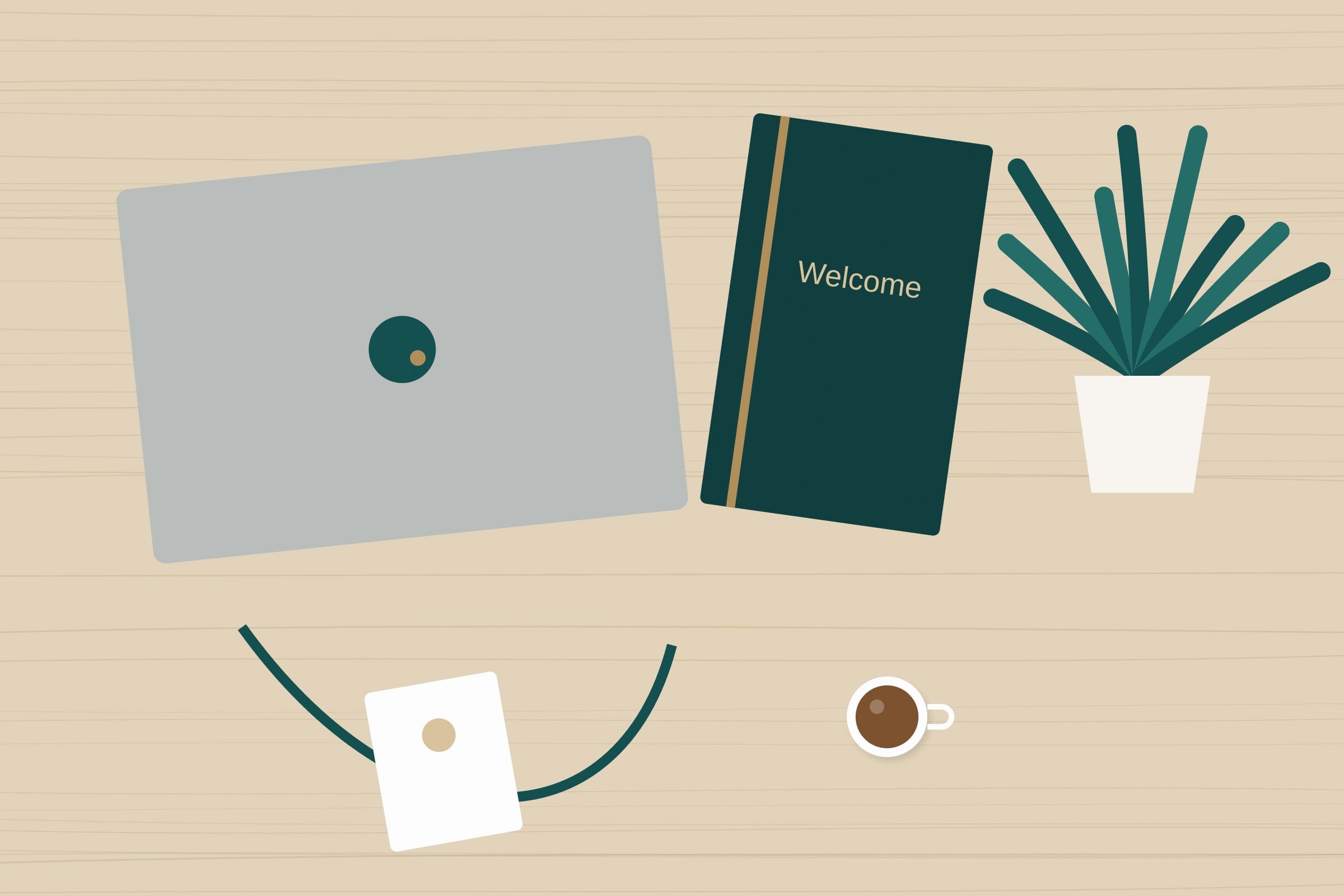 Illustration: a tidy welcome desk prepared for a new employee with a laptop, notebook and plant