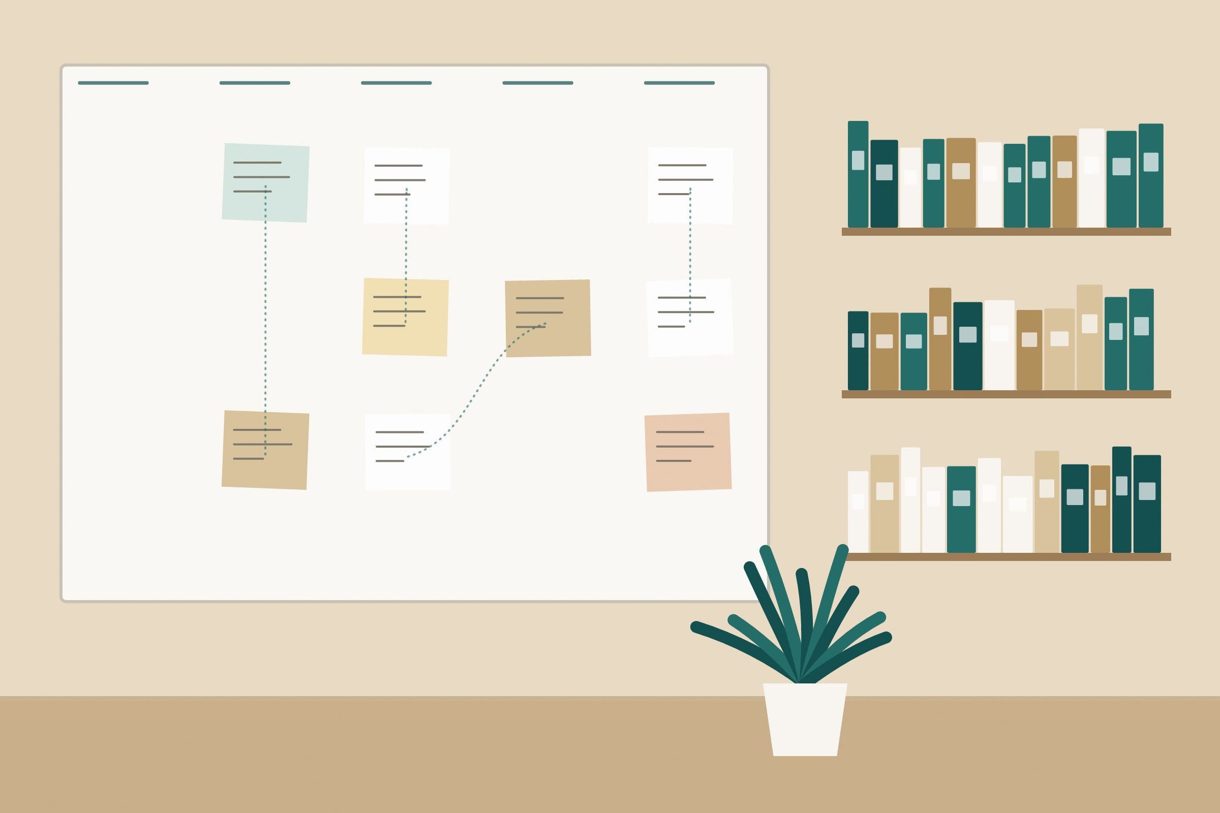 Illustration: a wall of sticky notes mapping a workflow next to neatly organised folders