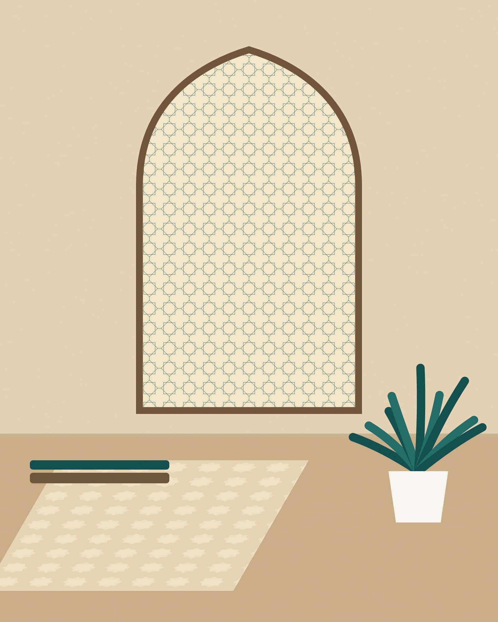 Illustration: a window with a geometric screen casting patterned light into a calm room