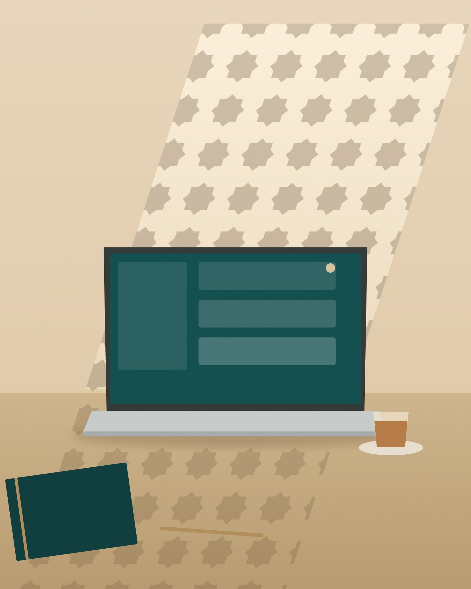 Illustration: a laptop on a stone desk in warm afternoon light, with the shadow of a mashrabiya screen falling across it