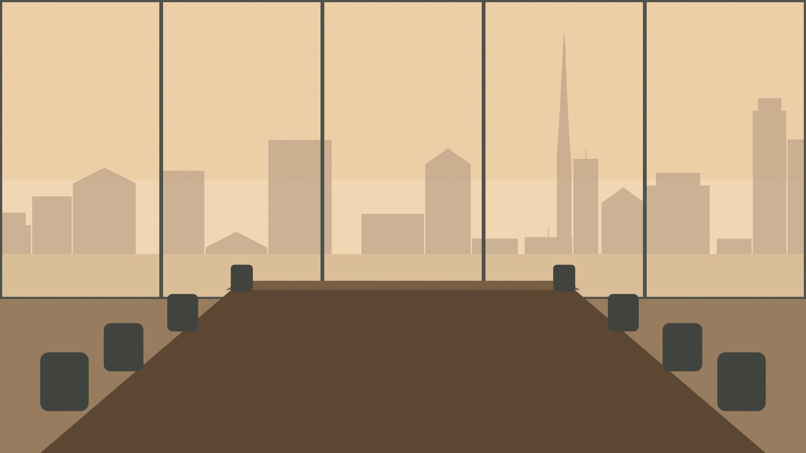 Illustration: an empty meeting room with a long table and floor-to-ceiling windows over a city skyline