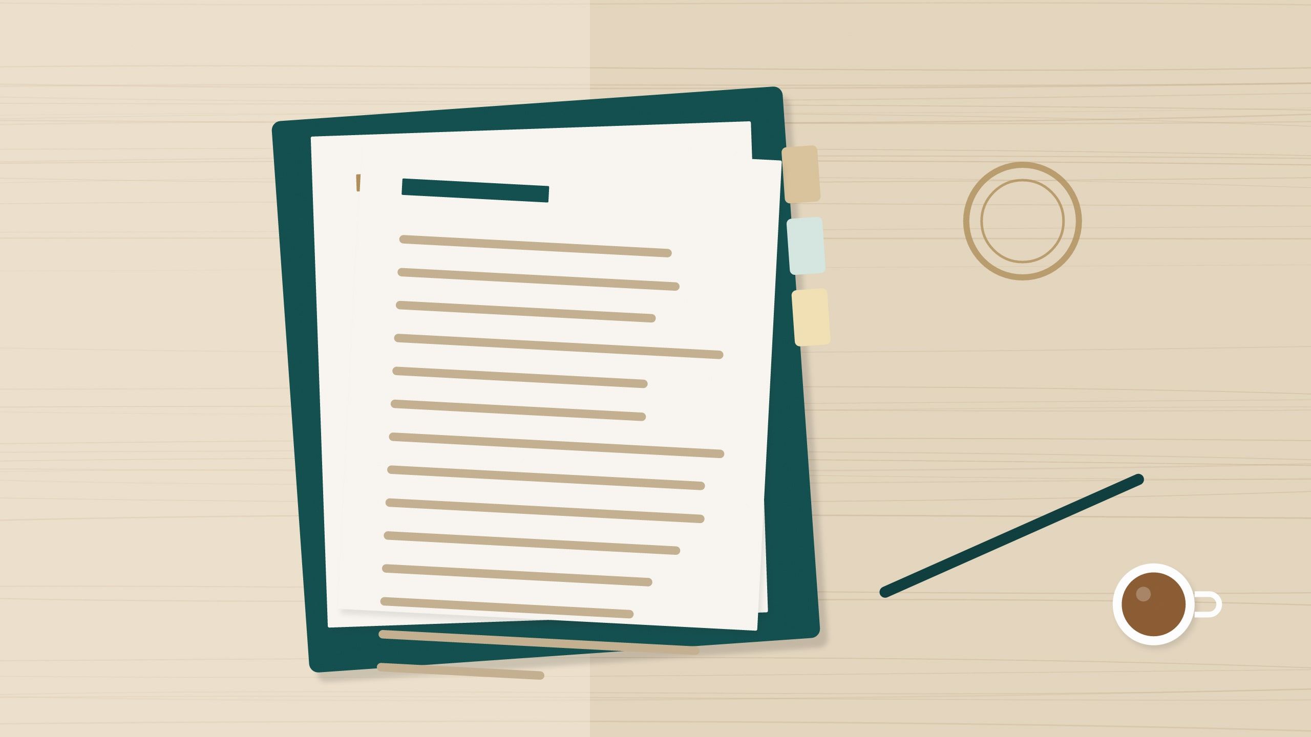 Illustration: a folder of policy documents and a pen on a bright office desk