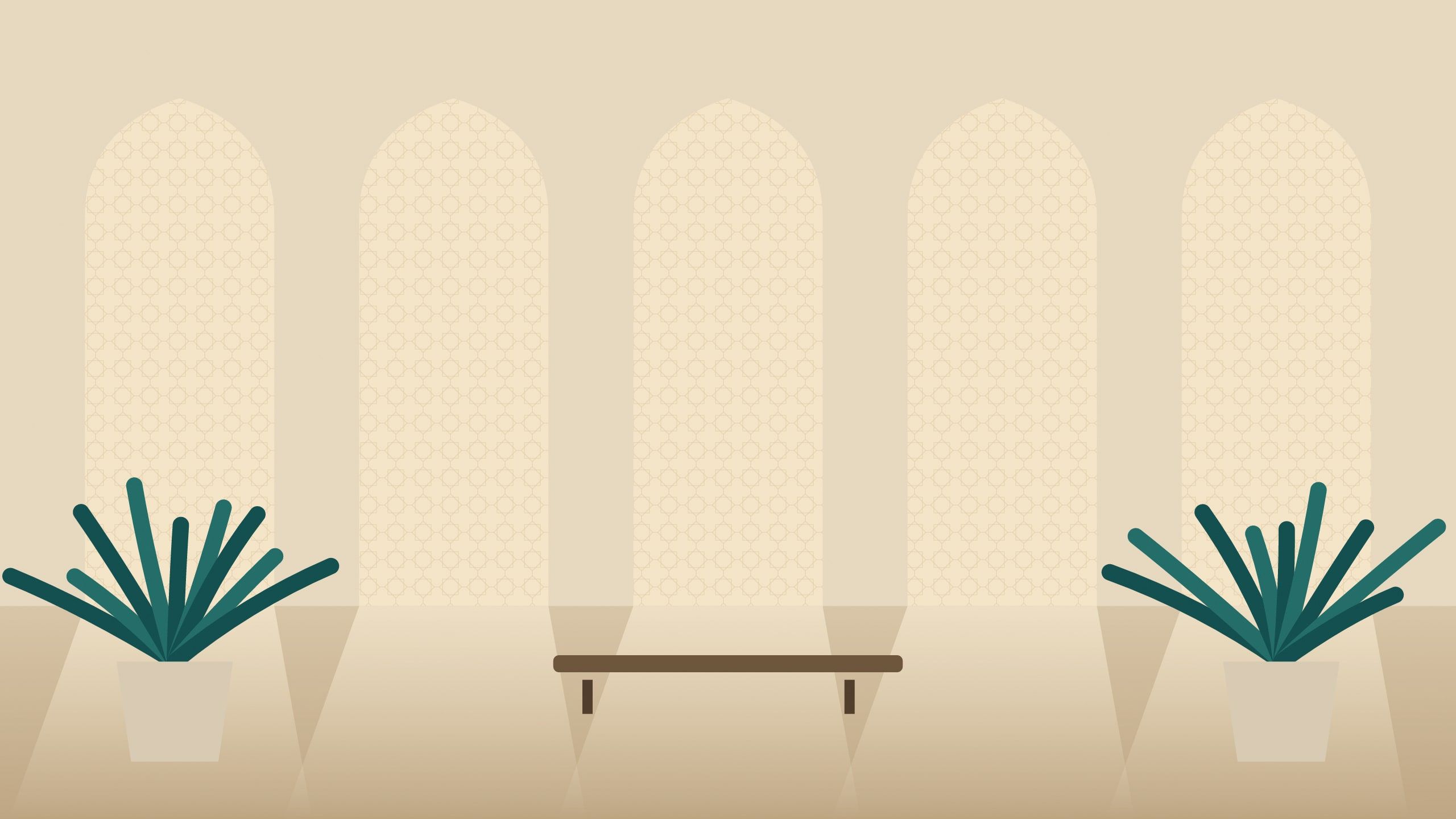 Illustration: a calm modern office lobby with stone surfaces and soft light