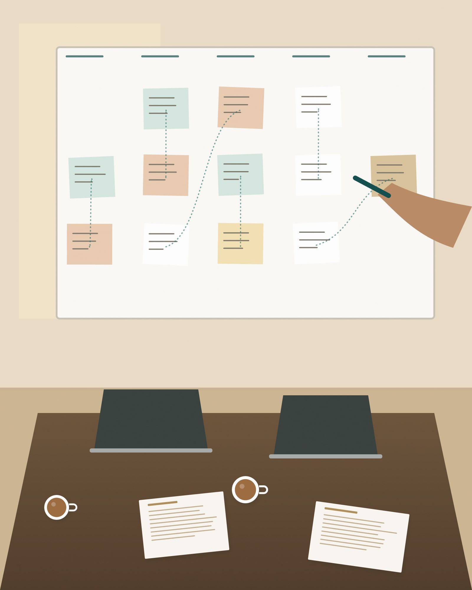 Illustration: a workshop in a client's meeting room: a whiteboard with a process map, sticky notes, laptops and coffee cups